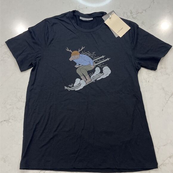 Icebreaker NEW 100% Merino Wool Graphic Ski Rider Mens Medium SS Tee Shirt Black - Picture 1 of 13
